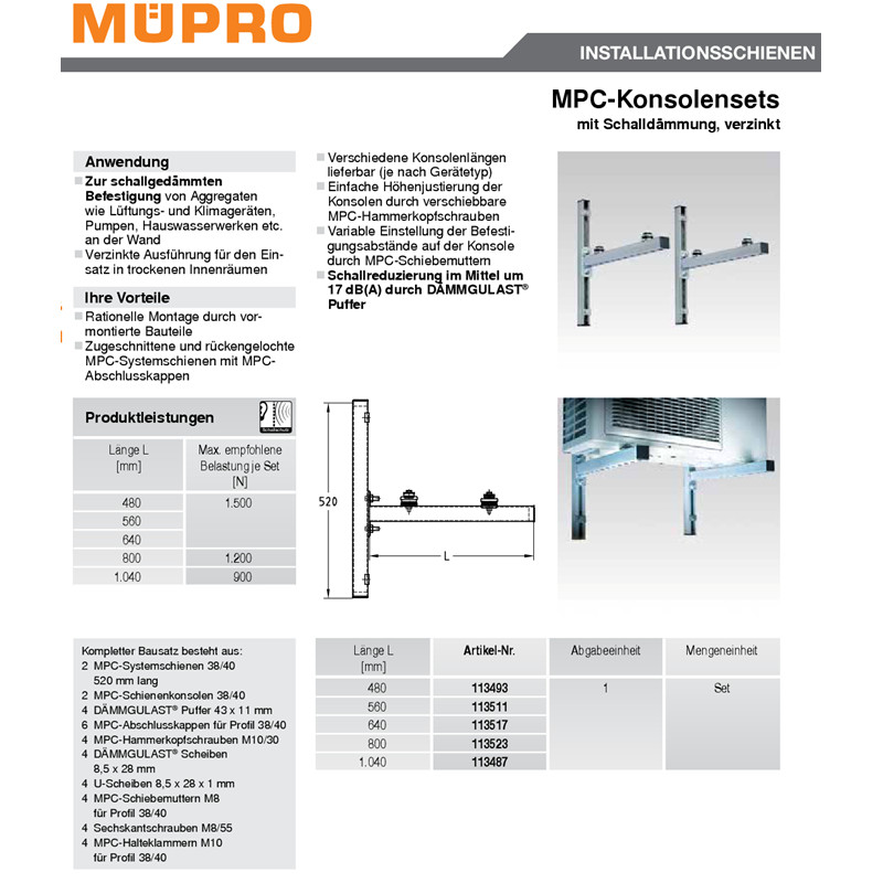 Müpro 3er MPC-Konsolenset mit Schalldämmung, Länge: 800 mm Belastung bis zu  120 kg, Wand/Dach/Bodenkonsolen, Zubehör Klimaanlagen Montage, Zubehör