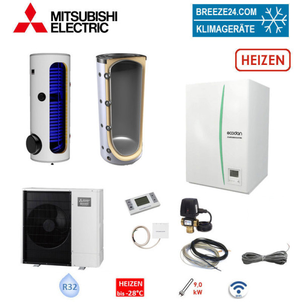 Mitsubishi Electric Set PUD-SHWM140VAA + EHSD-YM9D Wärmepumpe/Hydrobox + Speicher 14,0 kW 200 L WiFi