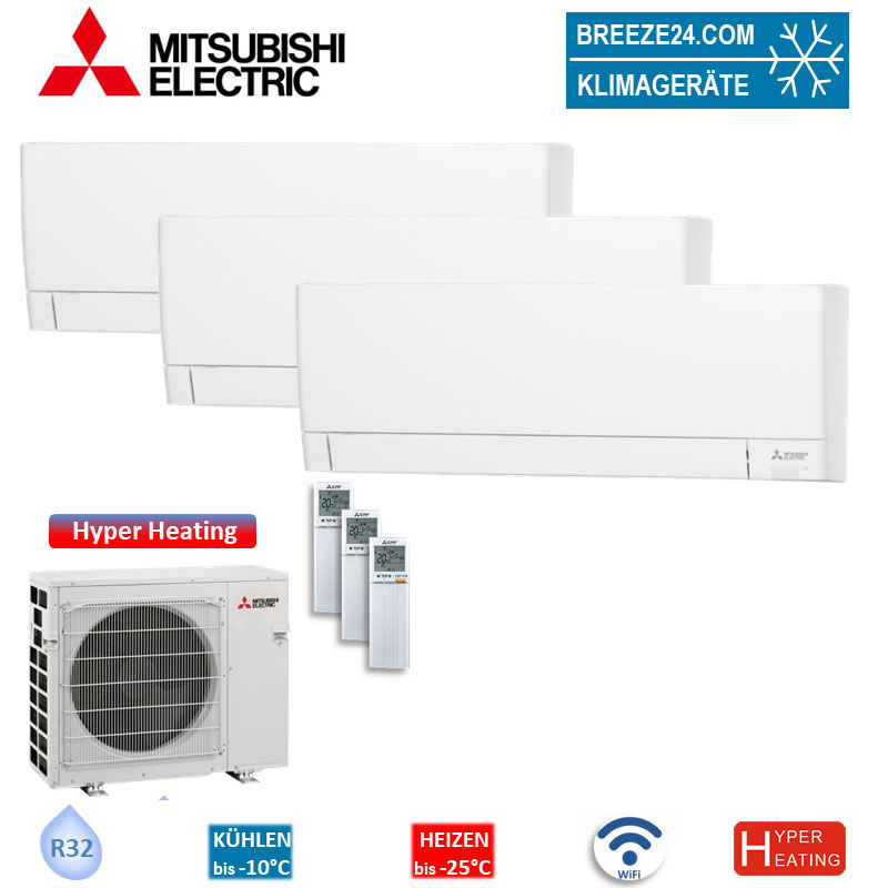 Mitsubishi Electric Set 3 Wandgeräte WiFi MSZ-AY25VGK + MXZ-4F83VFHZ2 Hyper Heating 2,5 kW