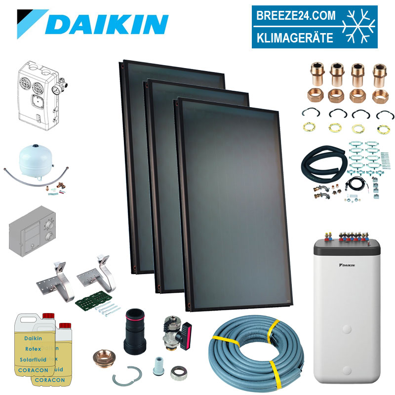 Daikin Solarthermie Set für 5 Personen Haushalt Solaris Druckanlage Aufdach 3 x EKSV21P Solarpanel