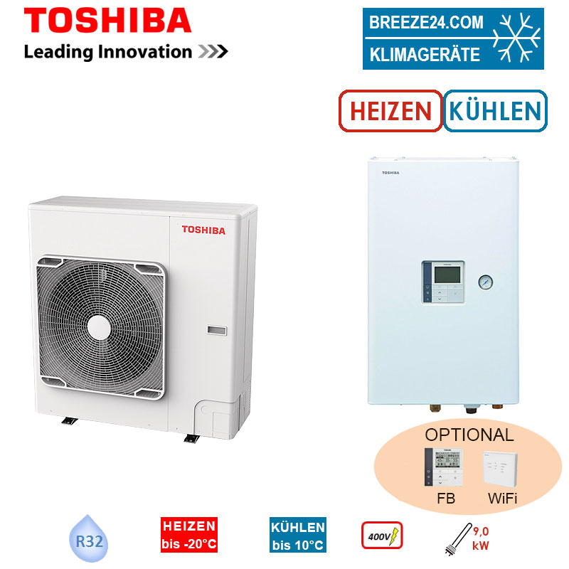 Toshiba Wärmepumpen Set ESTIA HWT-1101HW-E + HWT-1101XWHT9W-E Heizen/Kühlen 11 kW Heizstab 9 kW 400V
