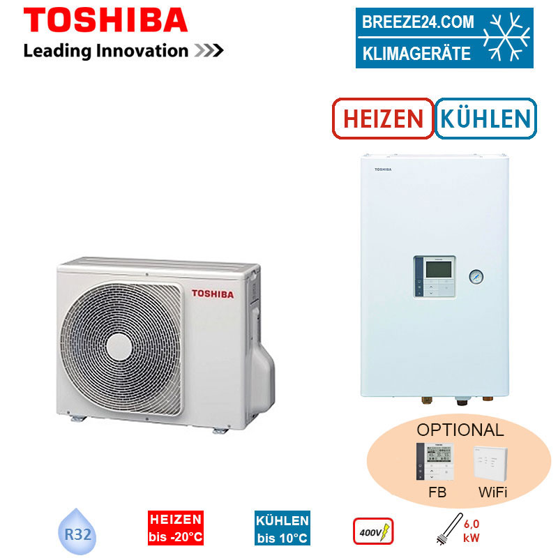 Toshiba Wärmepumpen Set ESTIA HWT-401HW-E + HWT-601XWHT6W-E Heizen/Kühlen 4,0 kW Heizstab 6 kW 400V