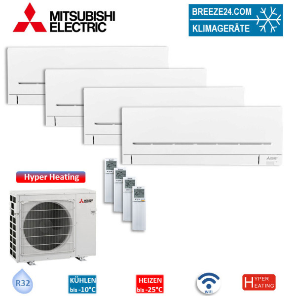 Mitsubishi Electric Set 4 Wandgeräte WiFi MSZ-AY25VGK + MXZ-4F83VFHZ2 Hyper Heating 2,5 kW