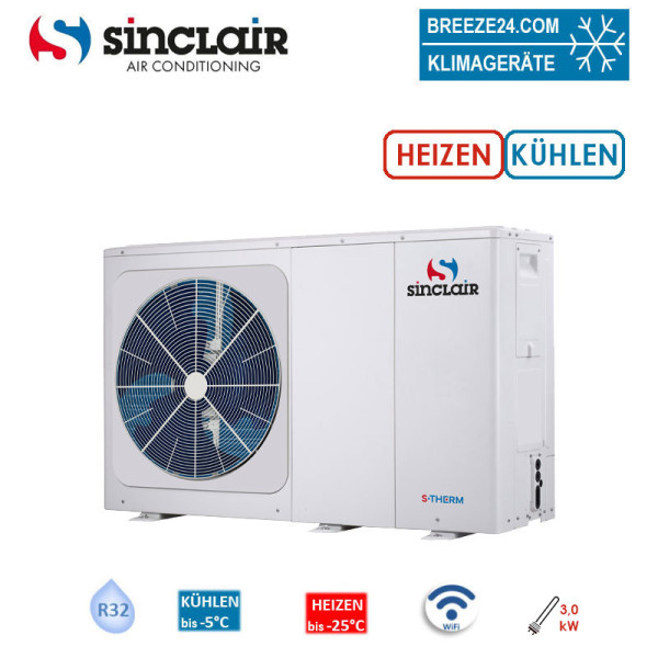 Sinclair S-THERM YUKON SMHM-60B3 Monoblock Wärmepumpe Heizen 6,3 kW + Kühlen 6,5 kW Heizstab 3kW WiF