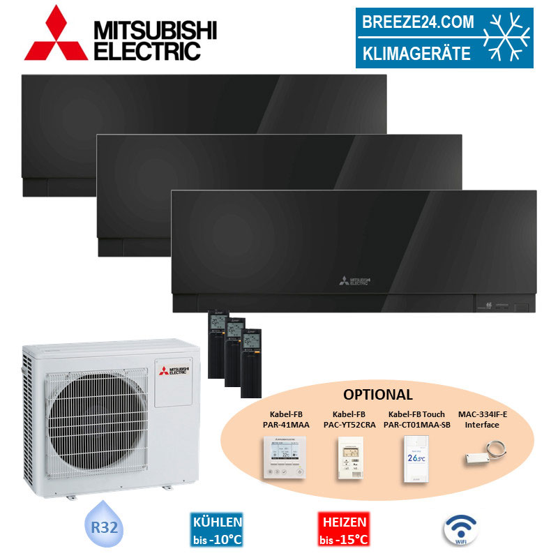 Mitsubishi Electric Set 3 x Wandgeräte Premium 2,5 kW - MSZ-EF25VGKB + MXZ-3F68VF3 R32 Klimaanlage