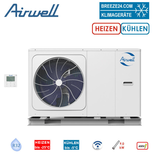 Airwell Kompakt Monoblock Wärmepumpe Wellea AW-WHPMA14-H93 14 kW 12 kW R32 WiFi 9 kW Heizstab 400 V